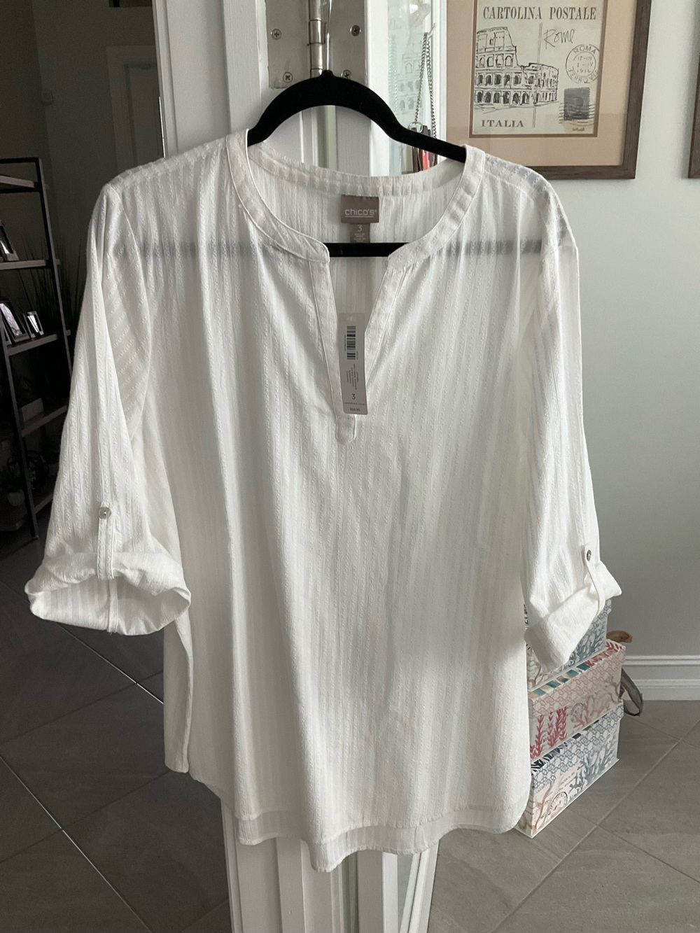 Chico's White Textured Roll-Tab Button-Down Tunic Shirt NWT